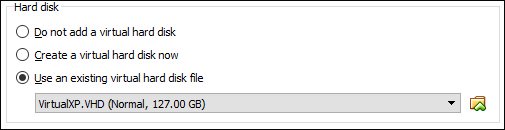 Trong Hard disk, chọn Use an existing virtual hard disk file